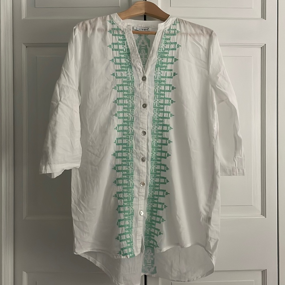 Blue Island boho/resort beach / swim cover up - button front with embroidery